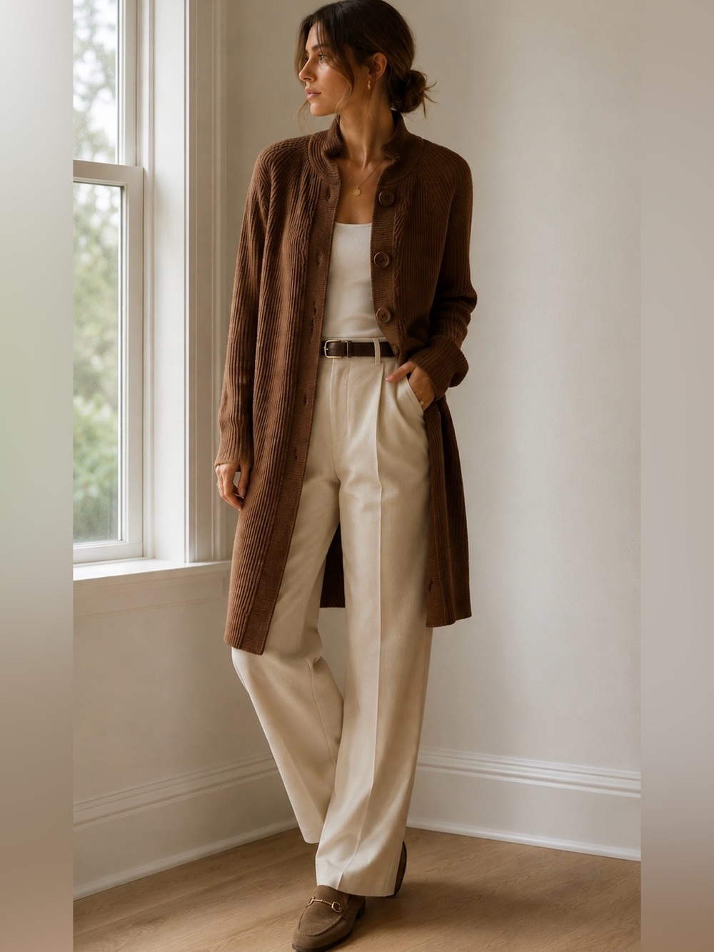 Belford 100% Pima Cotton Long Ribbed Cardigan Sweater XL Brown